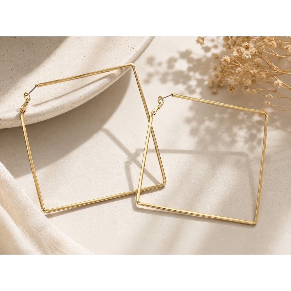 Vintage 1980s Gold Tone Square Hoop Earrings Geometric Oversized 2.5” Statement